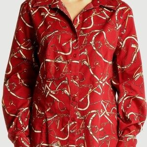 Talbots Red Abstract Equestrian Horse Print Button Up Shirt Size 2X